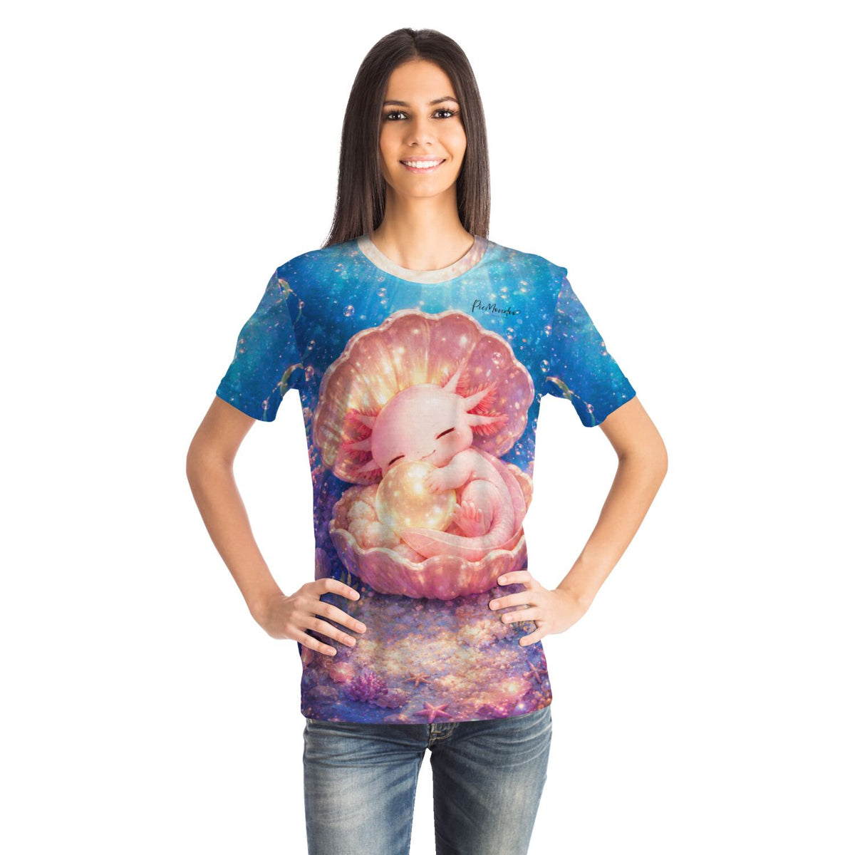 Frau trägt blaues T-Shirt mit Axolotl Little Hugs Motiv im Stil beliebter Diamond Painting und Malen nach Zahlen Designs