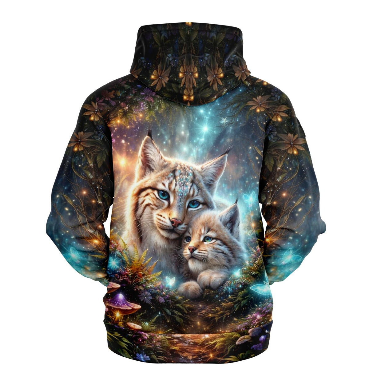 Dreamer Hoodie mit magischem Luchs-Motiv und mystischer Wald-Szenerie im Stil von Diamond Painting Kunst