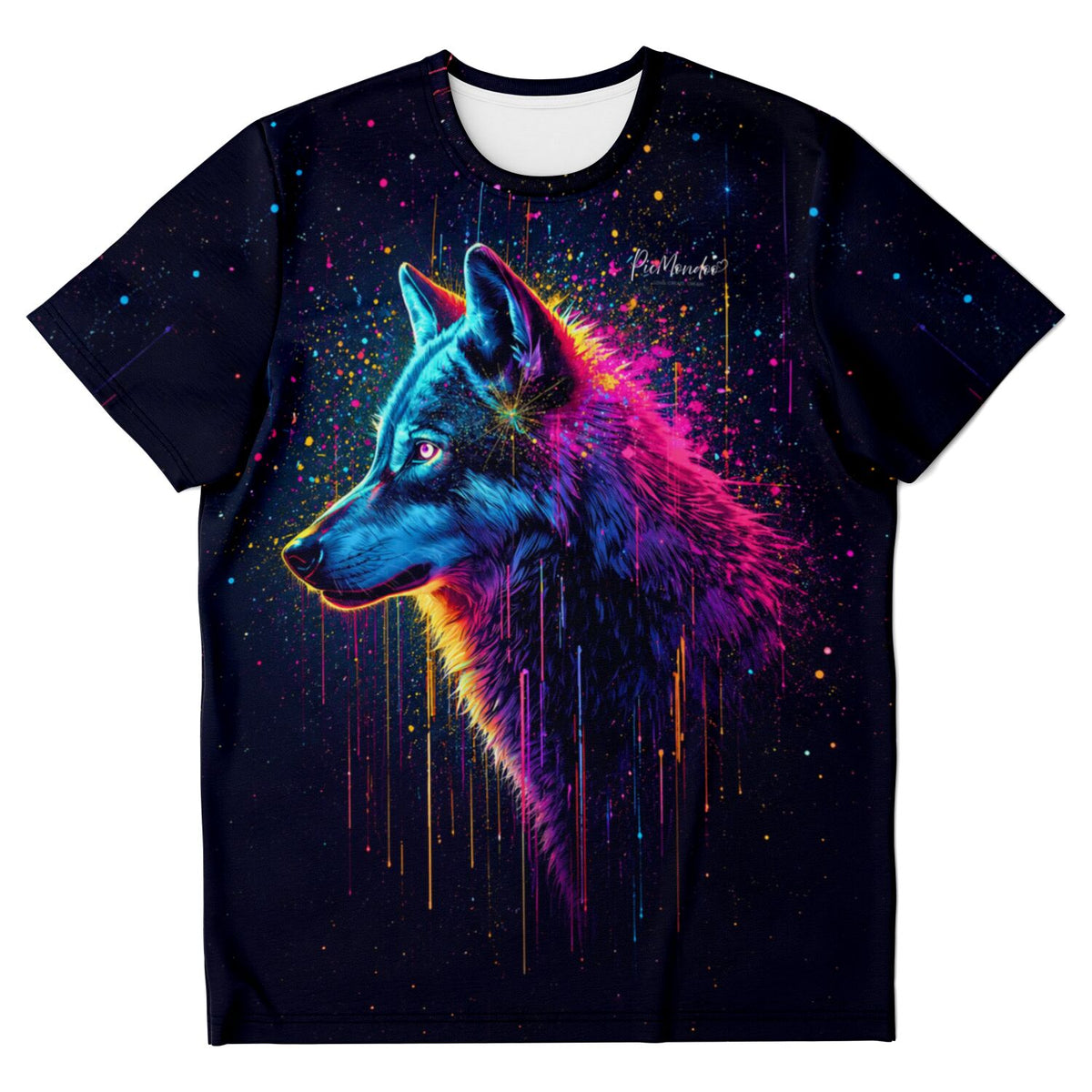 Schwarzes T-Shirt mit farbenfrohem Wolf-Motiv im Stil von Diamond Painting und Malen nach Zahlen Kunst