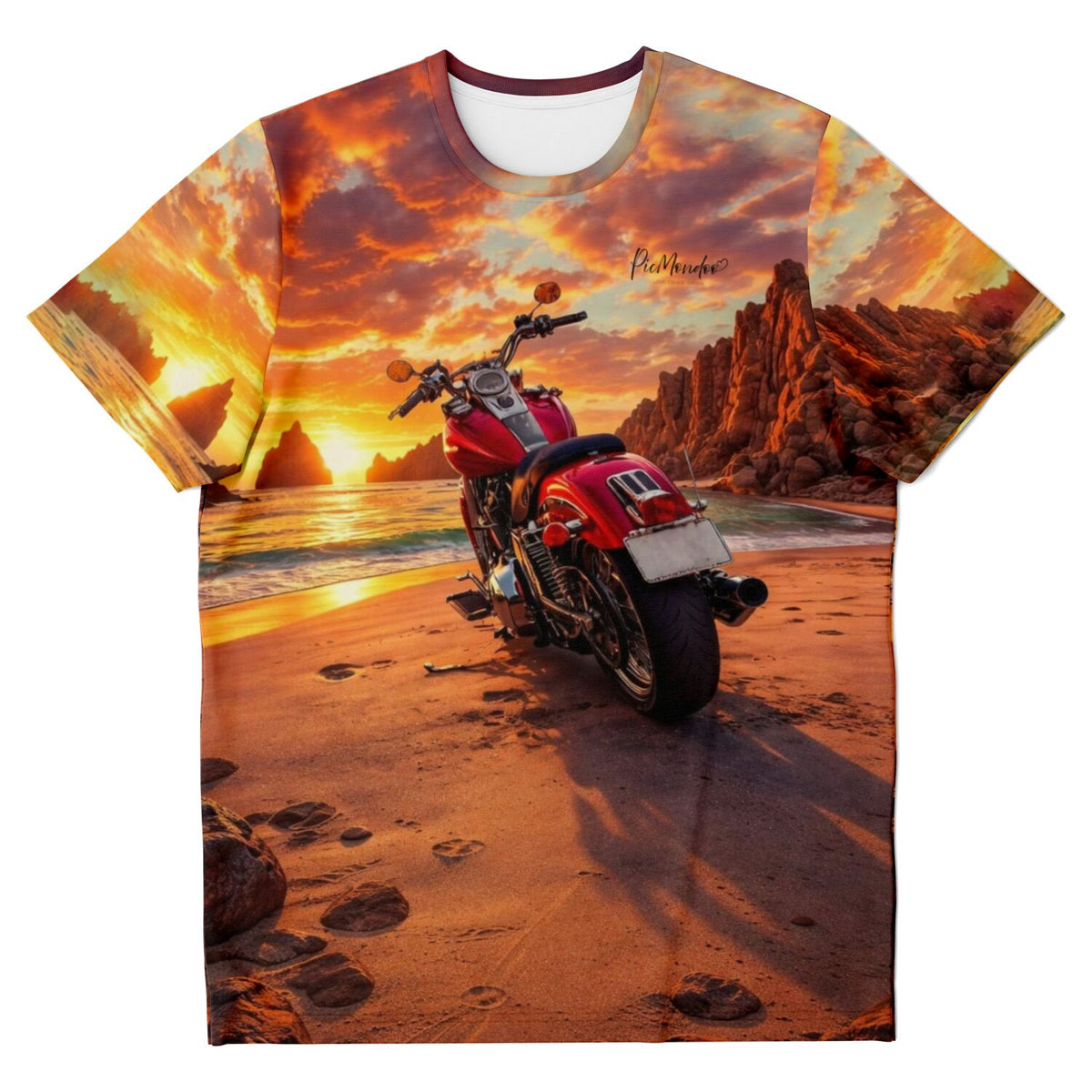 T-Shirt mit Motorrad-Motiv bei Sonnenuntergang am Strand, inspiriert von Diamond Painting und Malen nach Zahlen Kunst