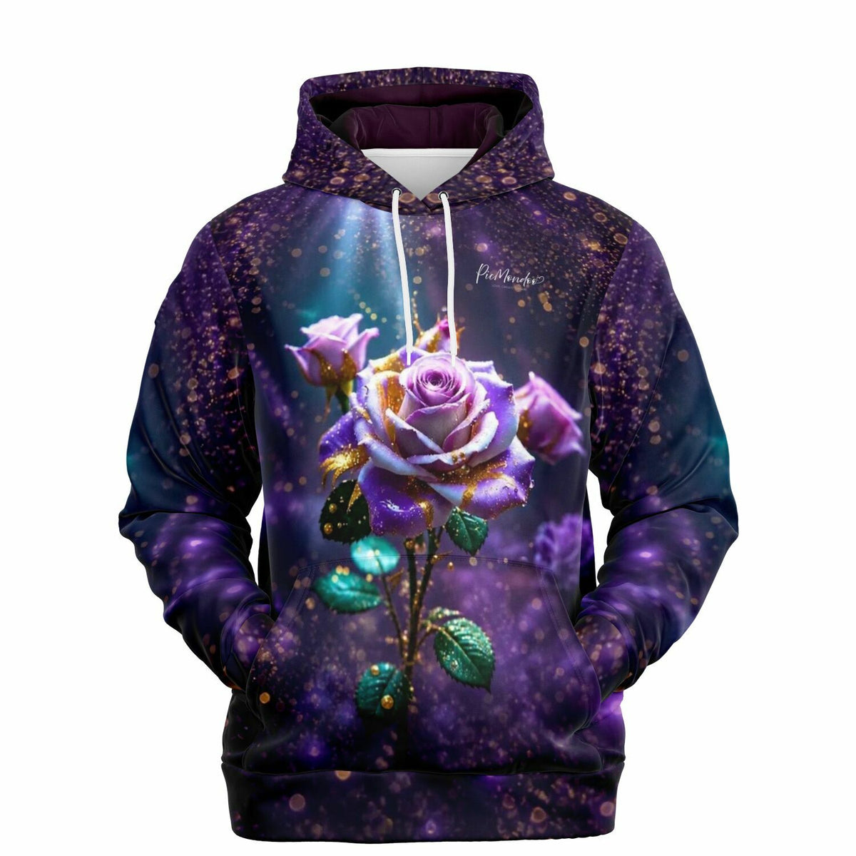 Dreamer Hoodie Amethystrose mit leuchtendem Rosen-Motiv in Violett und Gold, passend zum Diamond Painting Design