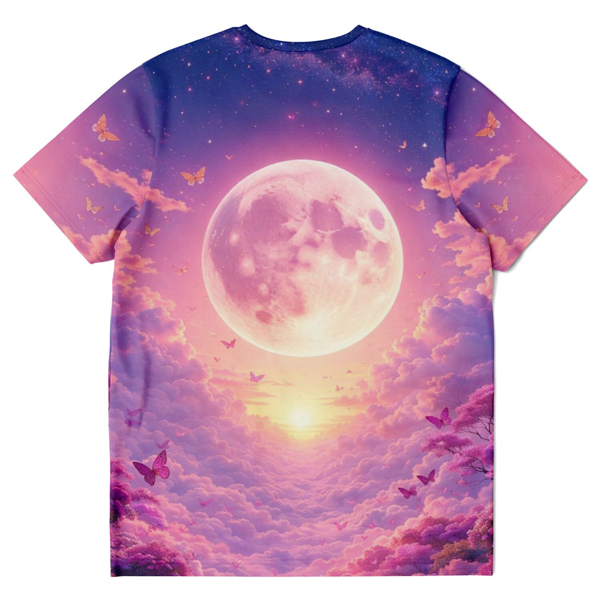 Dreamer T-Shirt Wolkenreich mit Vollmond, rosa Wolken und Schmetterlingen – ein Motiv wie bei Diamond Painting Kunst