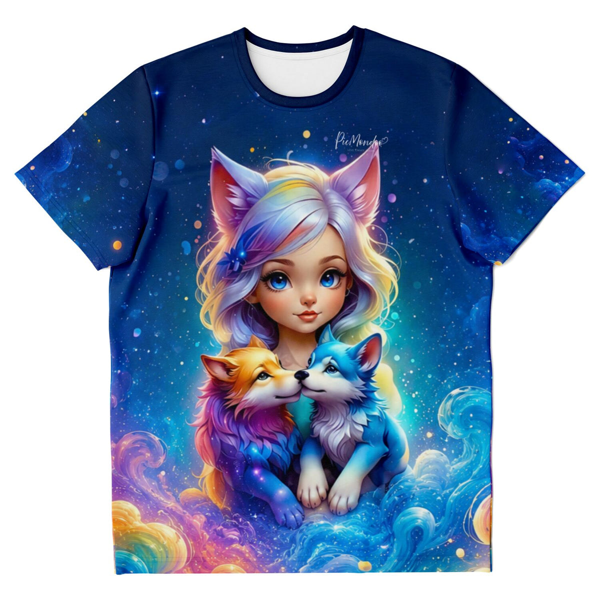 T-Shirt mit buntem Wolfsmädchen Finja Motiv in Galaxie-Optik, passend zu Diamond Painting und Malen nach Zahlen für Fans
