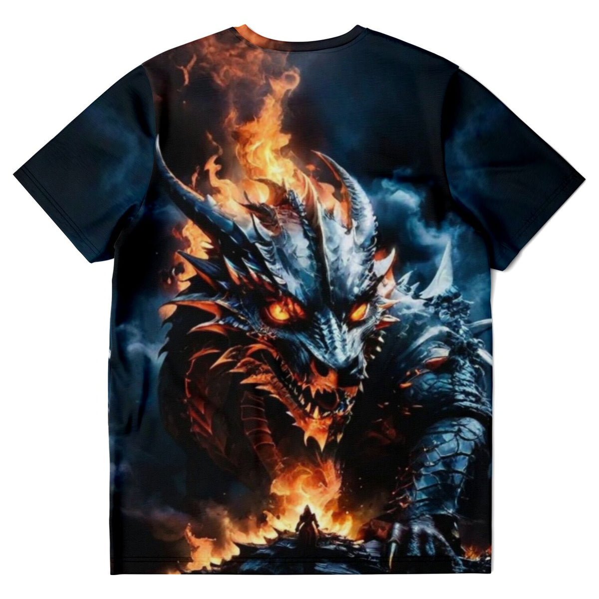 Schwarzes T-Shirt mit feurigem Drachen-Motiv, hochwertiger All-Over-Druck für Fans von Fantasy und individueller Mode