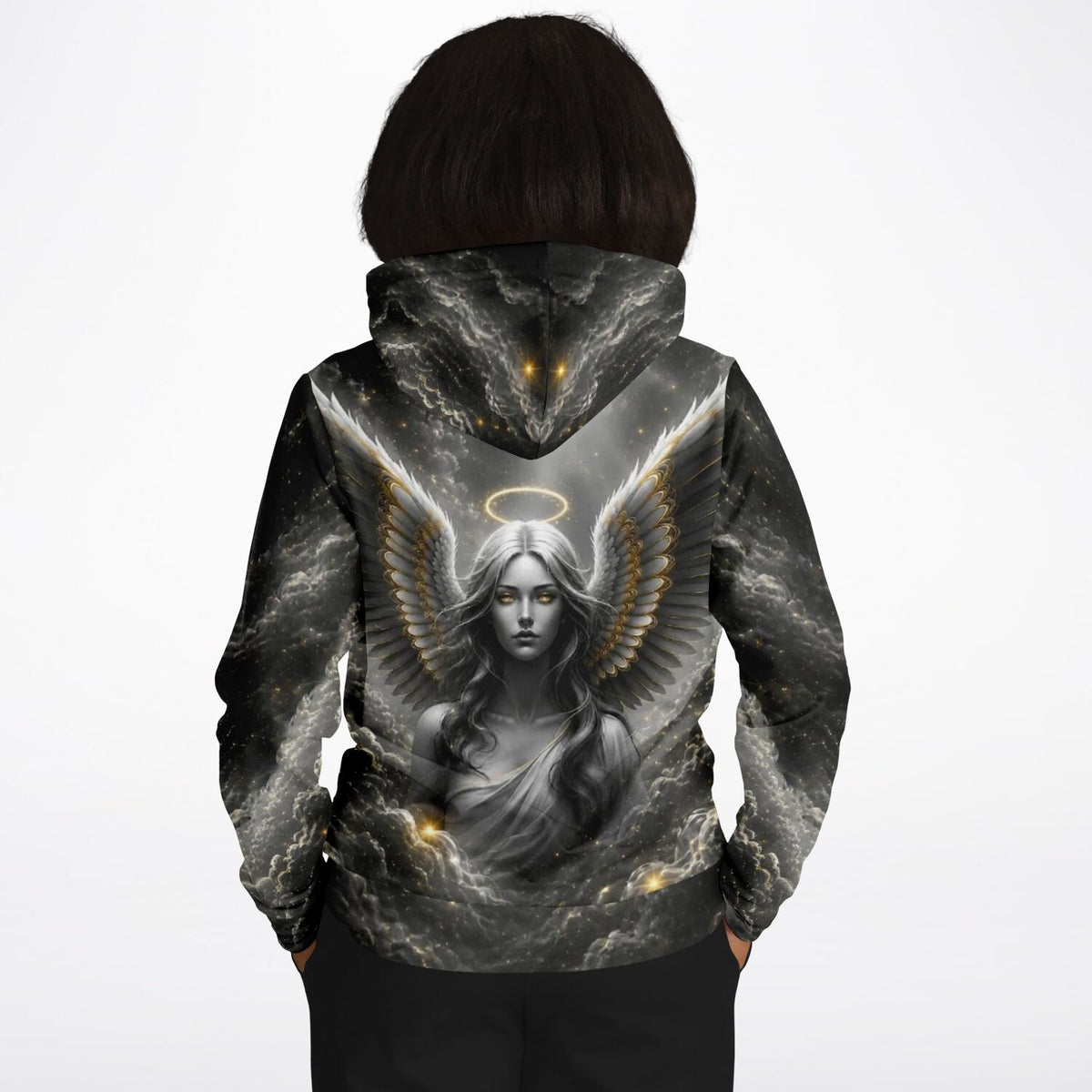 Schwarzer Hoodie mit detailliertem Golden Angel Motiv, ideal für Fans von Diamond Painting und Malen nach Zahlen