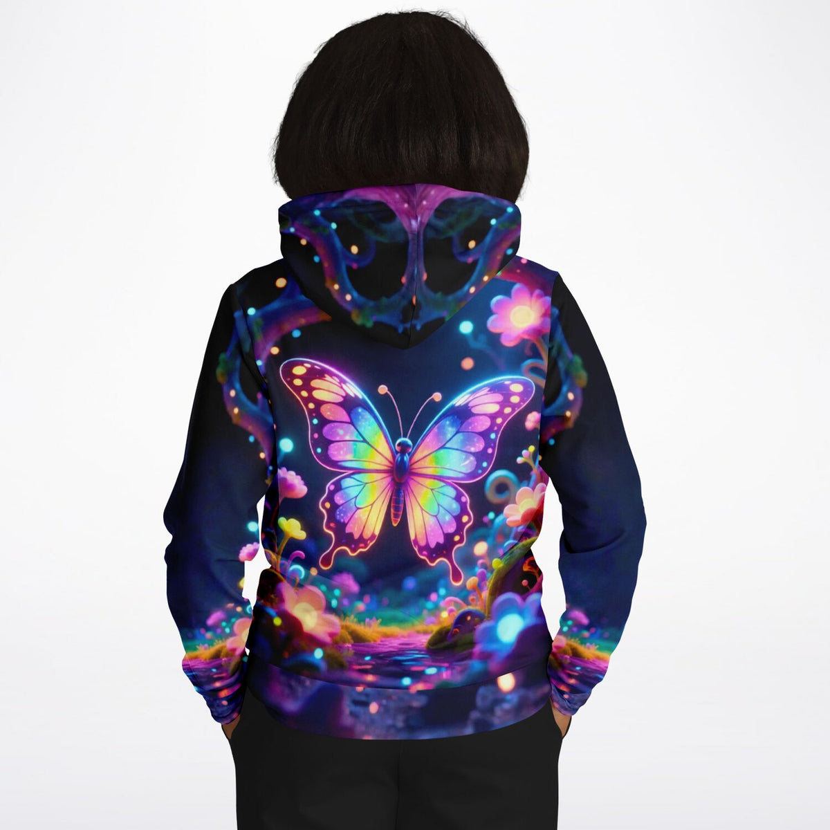 Hoodie mit leuchtendem Schmetterling-Motiv in Neonfarben, perfekt für Fans von Diamond Painting und kreativen Designs.