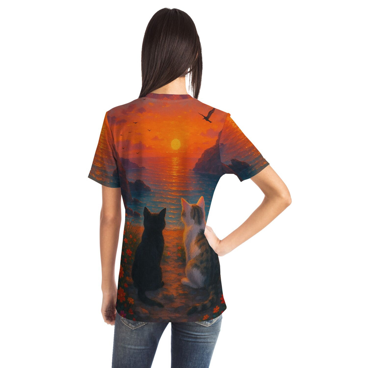 T-Shirt mit Katzen Kunstmotiv vor Sonnenuntergang am Meer, inspiriert von Malen nach Zahlen und Diamond Painting Stilen