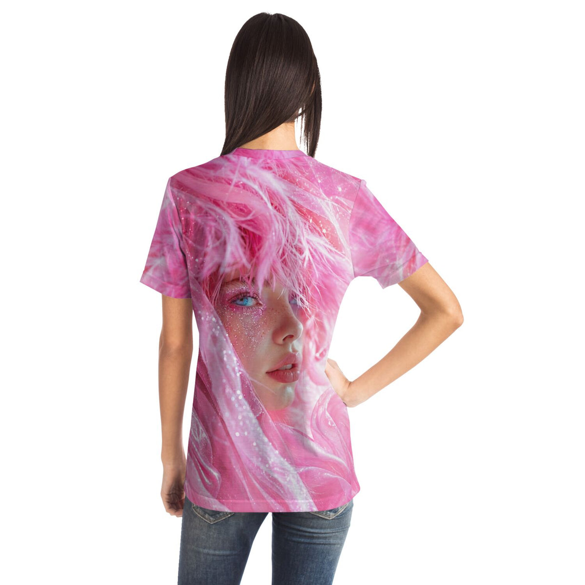Frau mit rosa Dreamer T-Shirt, ästhetisches Motiv ähnlich wie Diamond Painting oder Malen nach Zahlen für Erwachsene