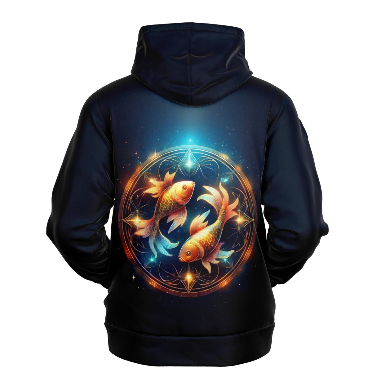 Schwarzer Dreamer Hoodie mit leuchtendem Sternzeichen Fisch Motiv in einem goldenen Ring in Premium Qualität