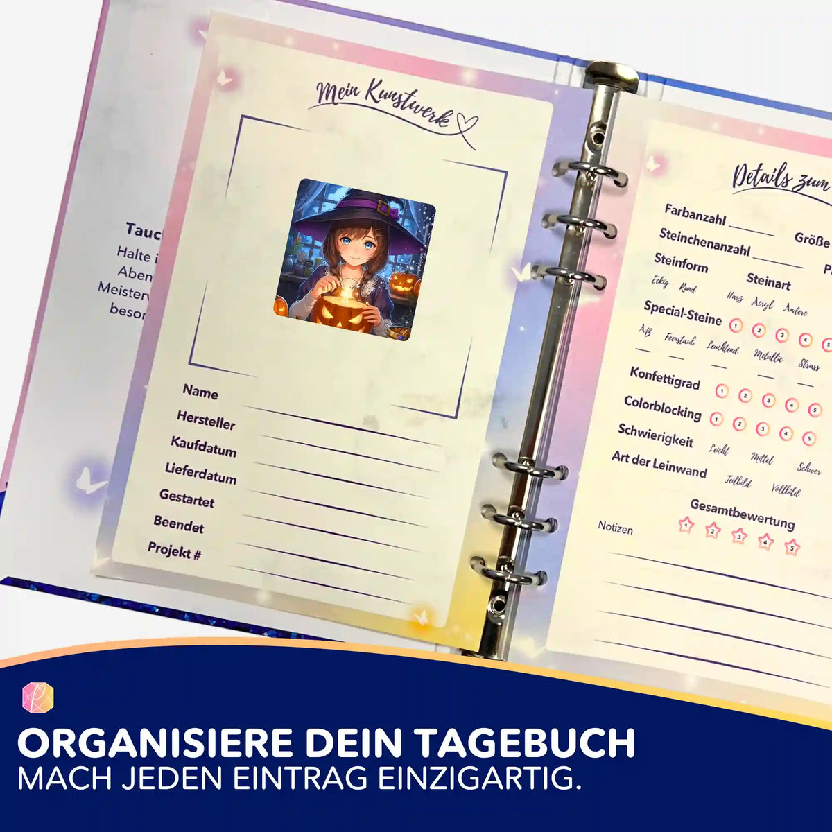 Little Sabrina Aufkleber im Diamond Painting Tagebuch zur Organisation von DIY-Projekten