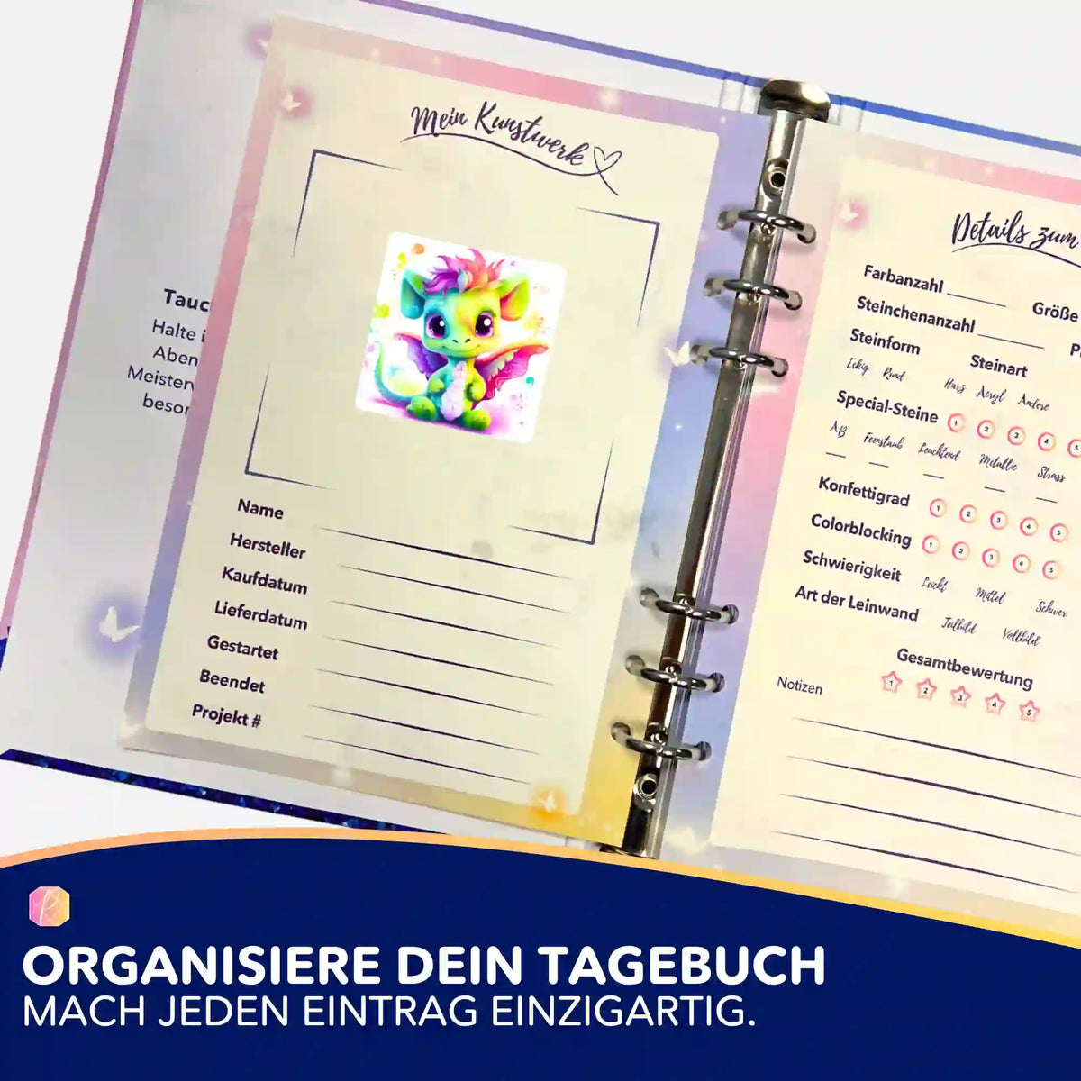 Bunter Happy Dragon Aufkleber in einem Diamond Painting Tagebuch zur Organisation von Bastelprojekten
