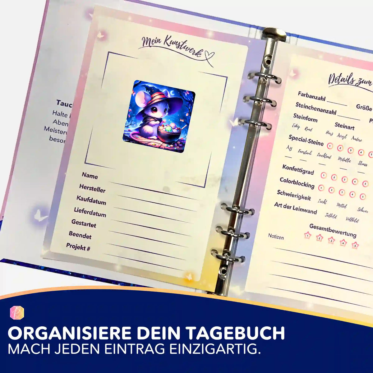 Mondflausch Aufkleber zur Organisation im Diamond Painting Tagebuch für eine strukturierte Übersicht der Bastelprojekte.