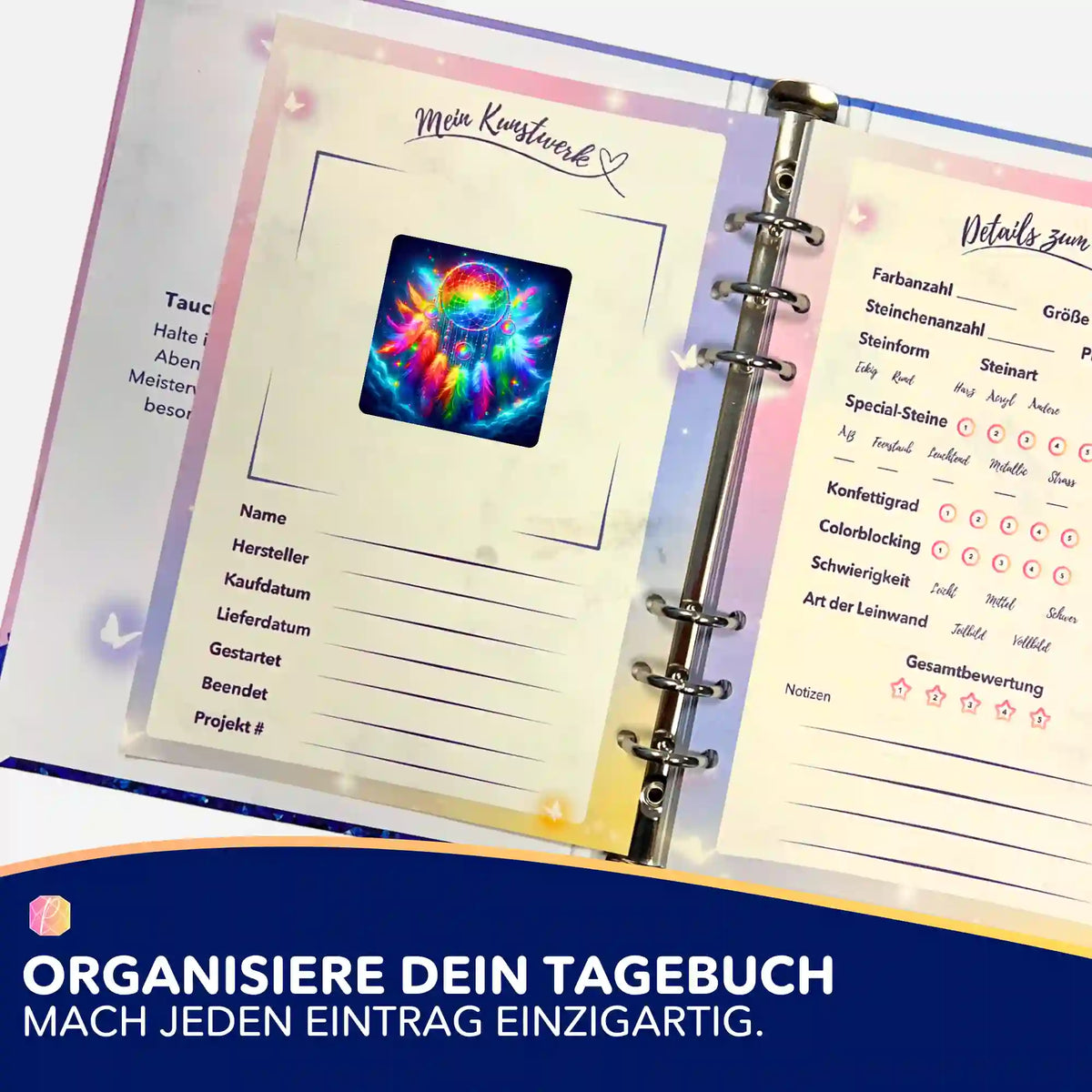5er-Set Sticker für Diamond Painting Tagebuch mit buntem Traumfänger-Motiv zur Organisation deiner Kunstwerke