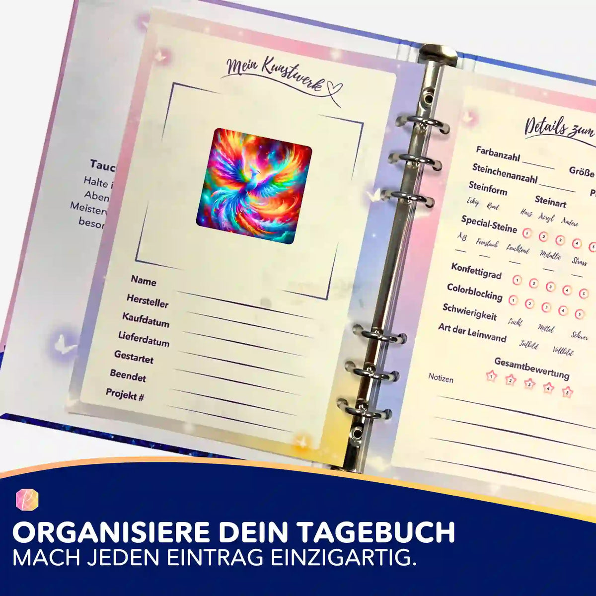 Phönix Aufkleber Set zur Organisation im Diamond Painting Tagebuch für eine strukturierte Projektdokumentation