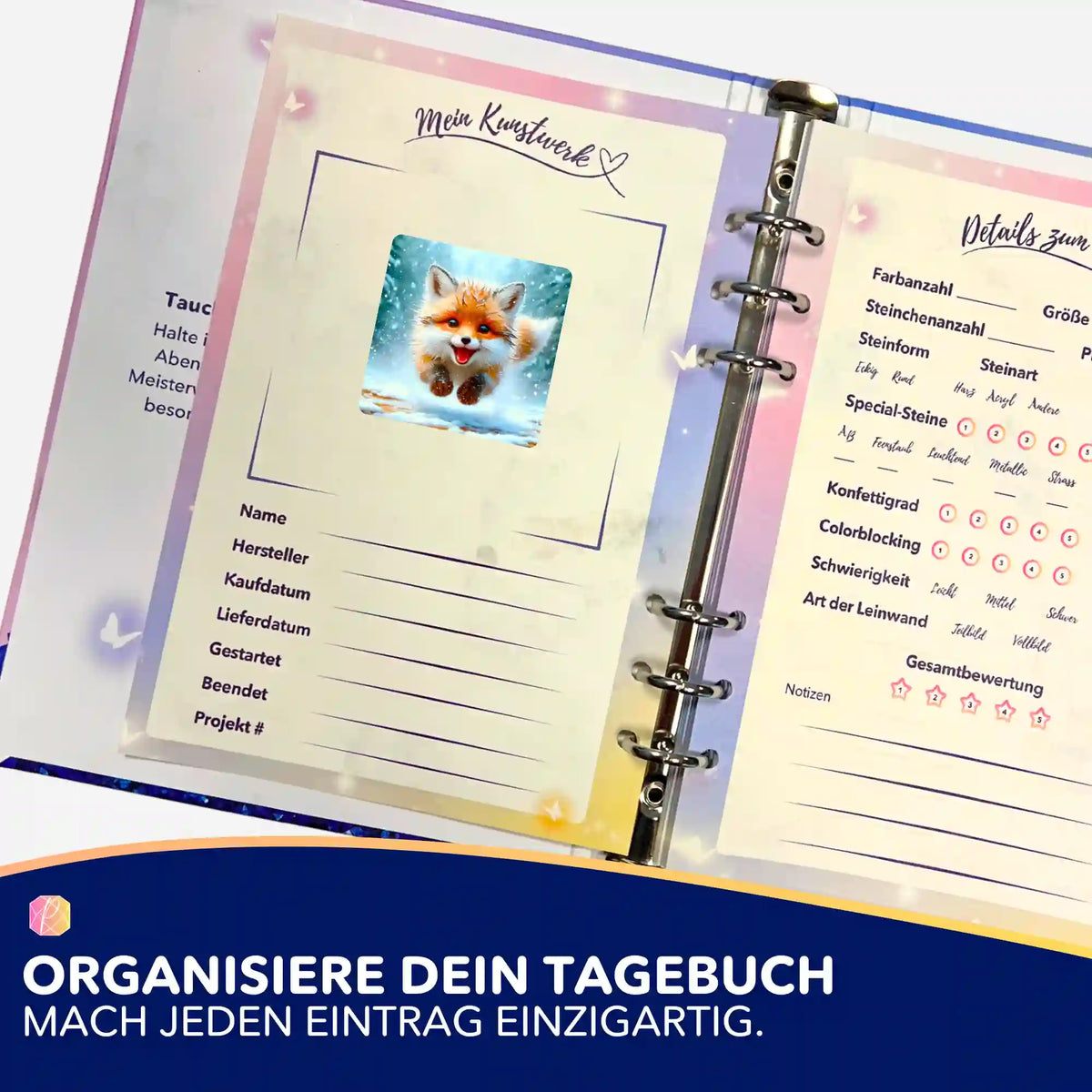 Fuchs-Aufkleber für dein Diamond Painting Tagebuch zur Organisation von DIY-Kunstwerken und Malen nach Zahlen Projekten
