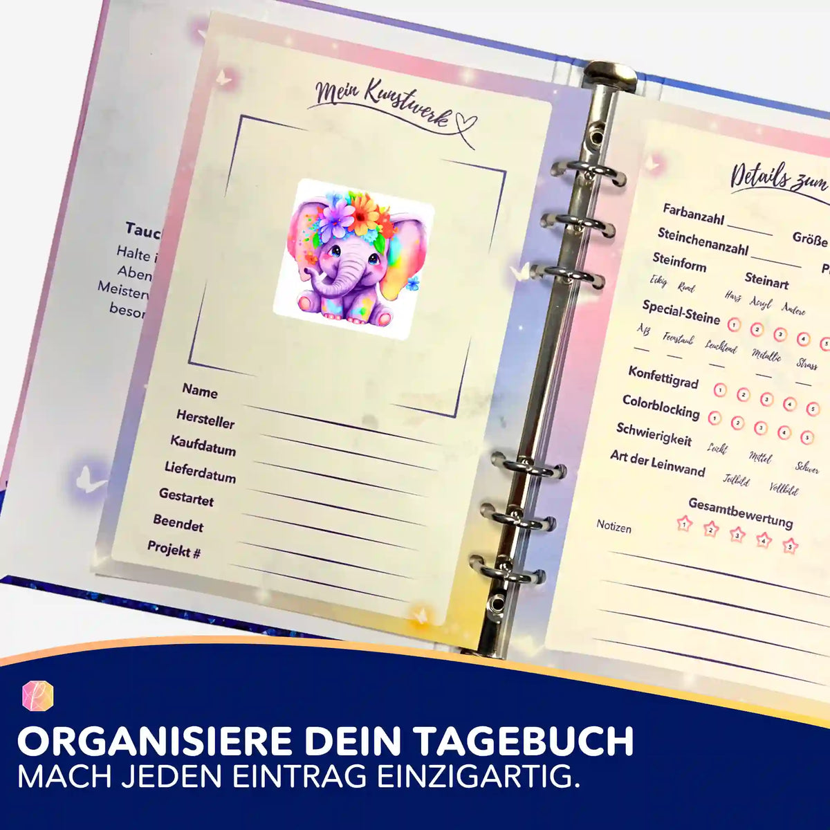 Buntes Blumenelefant-Sticker Set von Picmondoo zur Organisation von Diamond Painting und Malen nach Zahlen Projekten