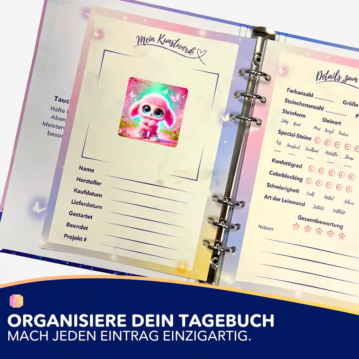 Pink Fluffel Knuffel Sticker im Diamond Painting Tagebuch zur Organisation von DIY-Kunstwerken und Projekt-Details