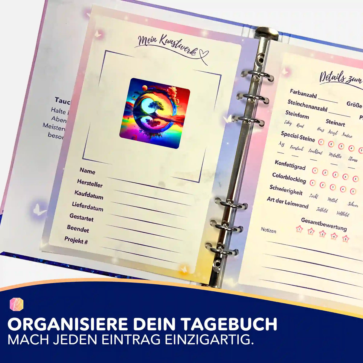 Picmondoo Diamond Painting Tagebuch mit buntem Fantasy-Aufkleber zur Organisation von Projektdetails