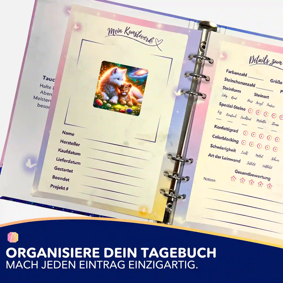 Fenris und Solaris Aufkleber Set zur Organisation im Diamond Painting Tagebuch mit Platz für Projektdetails