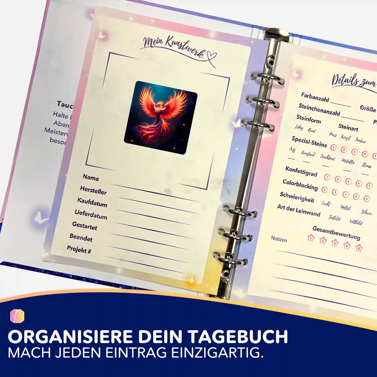 Sparkle Phönix Aufkleber zur Organisation im Diamond Painting Tagebuch für deine kreativen Projekte