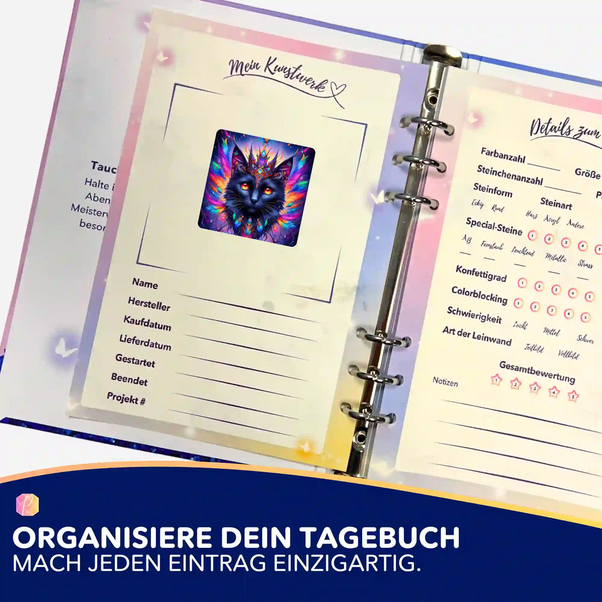Mystic Cat Aufkleber in einem Diamond Painting Tagbuch zur Organisation von Malen nach Zahlen Projekten