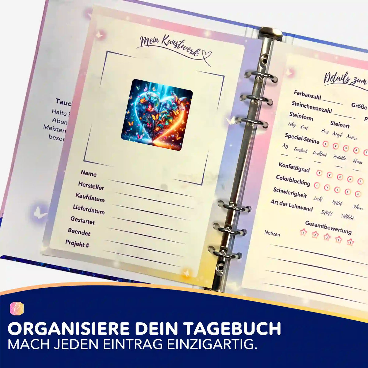 Picmondoo Diamond Painting Sticker Schmetterlingsherz zur Organisation im Journal für kreative DIY-Kunstwerke