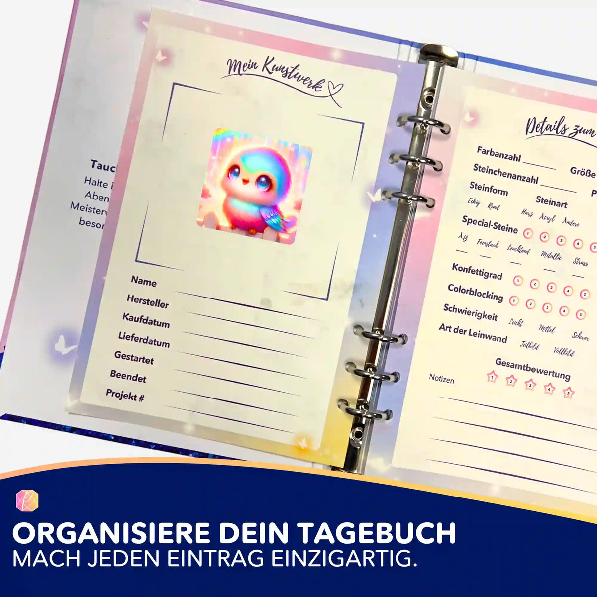 Picmondoo Diamond Painting Tagebuch mit Piepmatz Lotti Aufkleber zur Organisation deiner Diamanten Painting Projekte