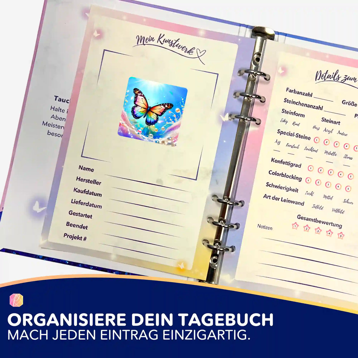 Schmetterling Sticker für das Diamond Painting Tagebuch zur Organisation von Projektdetails und Fortschritt