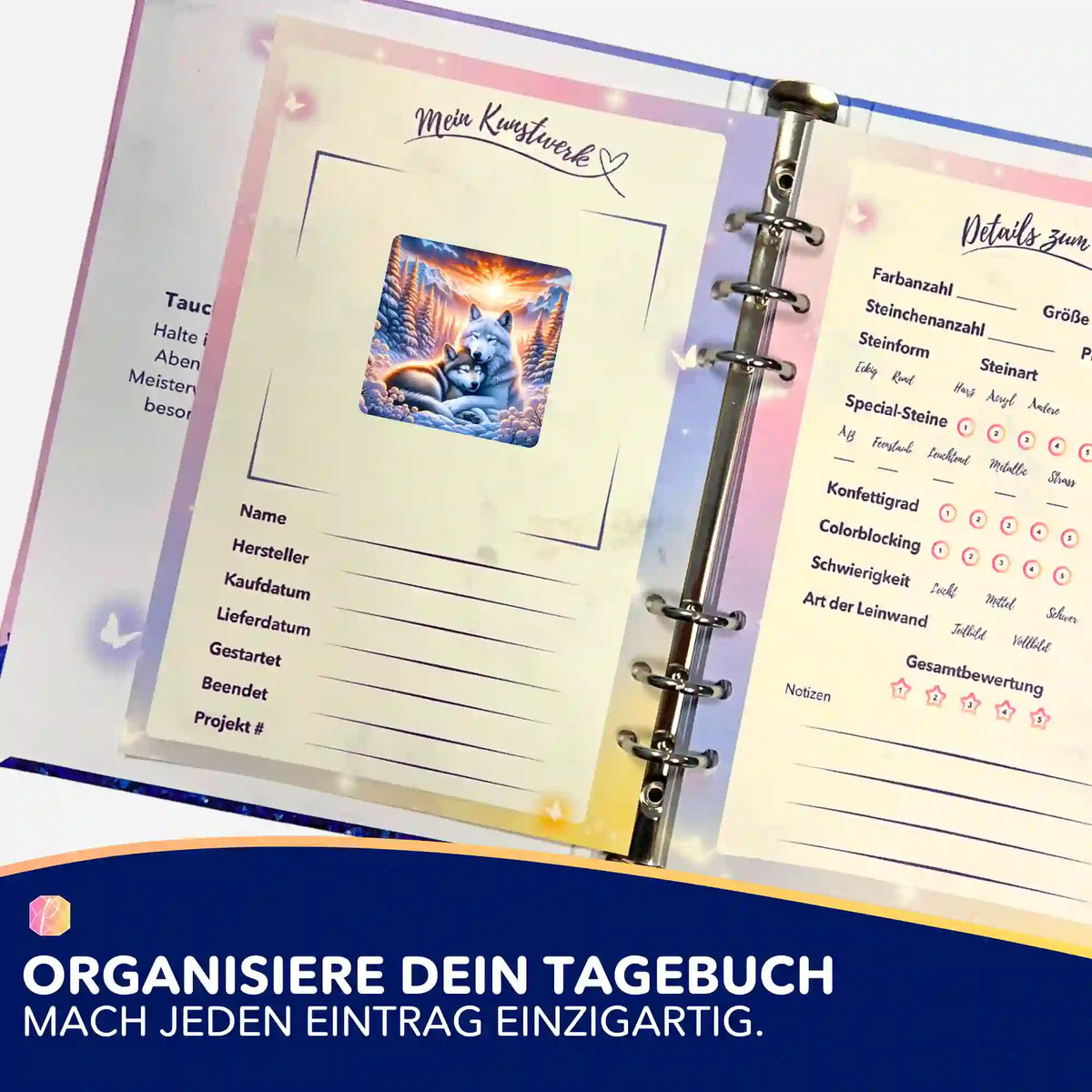 Picmondoo Diamond Painting Sticker Wolfliebe im Sonnenaufgang zur Organisation im Bastel-Tagebuch für Erwachsene