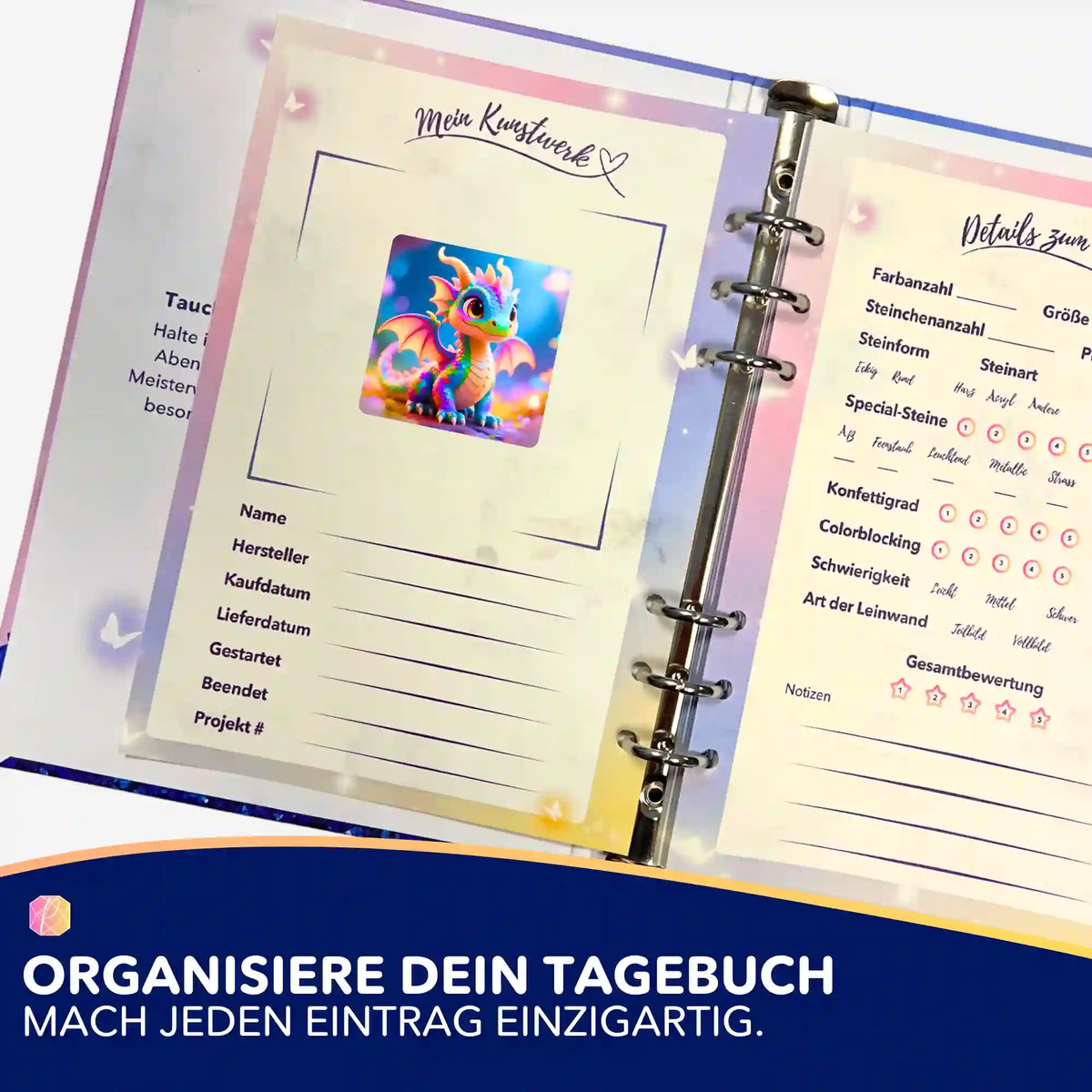 Buntes Rinji Drachen-Sticker Set von Picmondoo zur Organisation von Diamond Painting Projekten im Sammelalbum