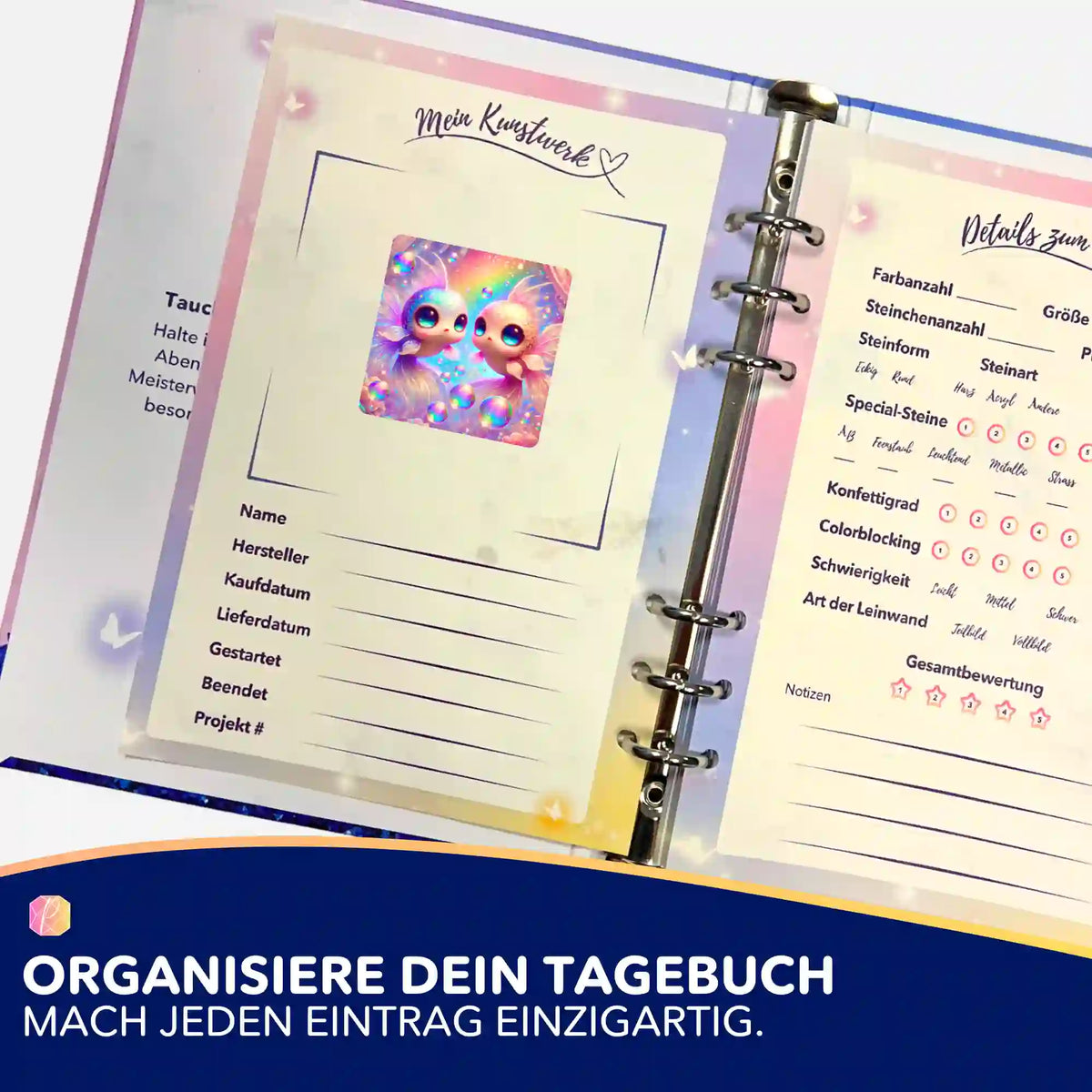Picmondoo Sticker-Set zur Organisation im Diamond Painting Tagebuch mit süßem Fisch-Motiv und Details zum Projekt