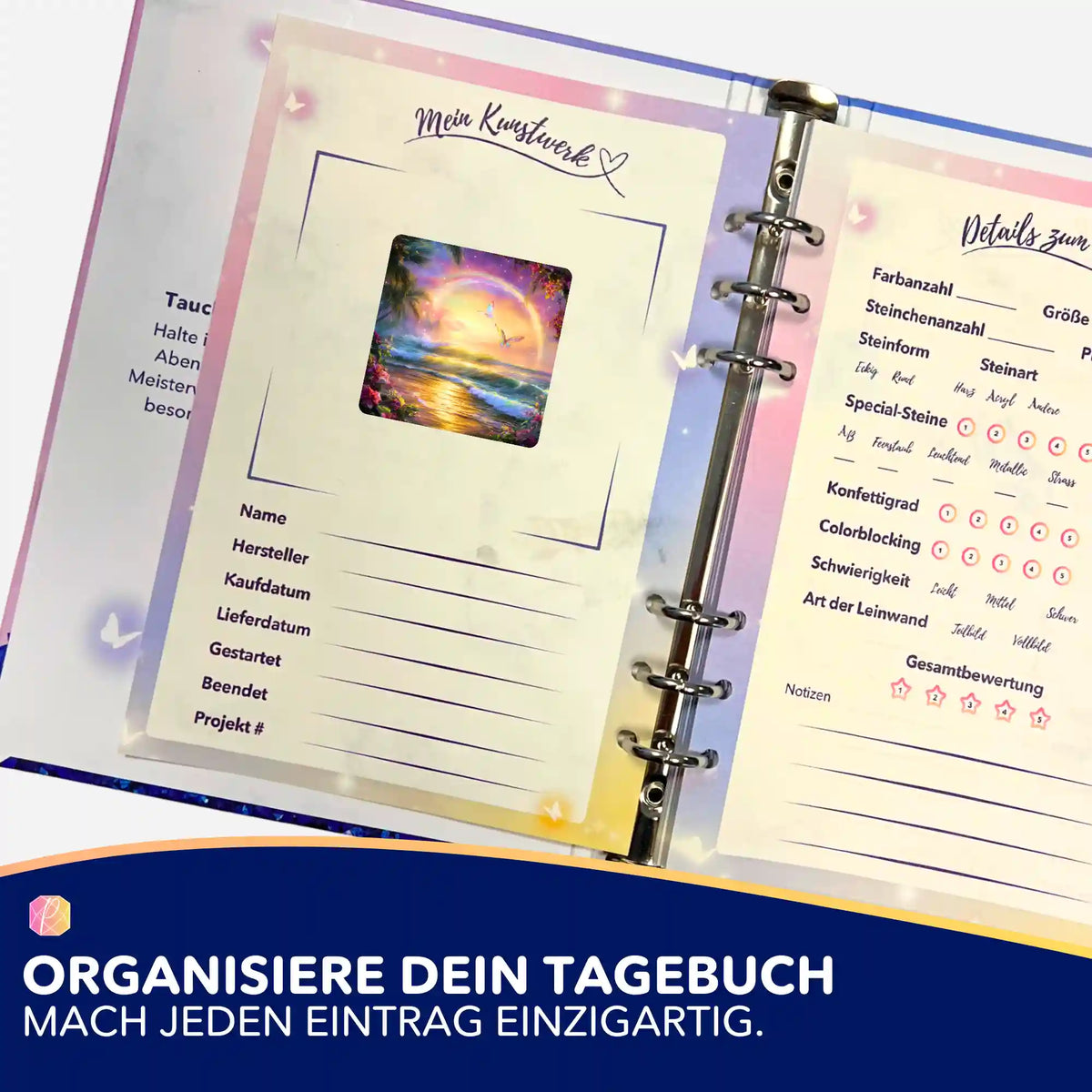 Picmondoo Diamond Painting Tagebuch mit Sticker Zwischen Himmel und Meer zur Organisation deiner Kunstwerke.
