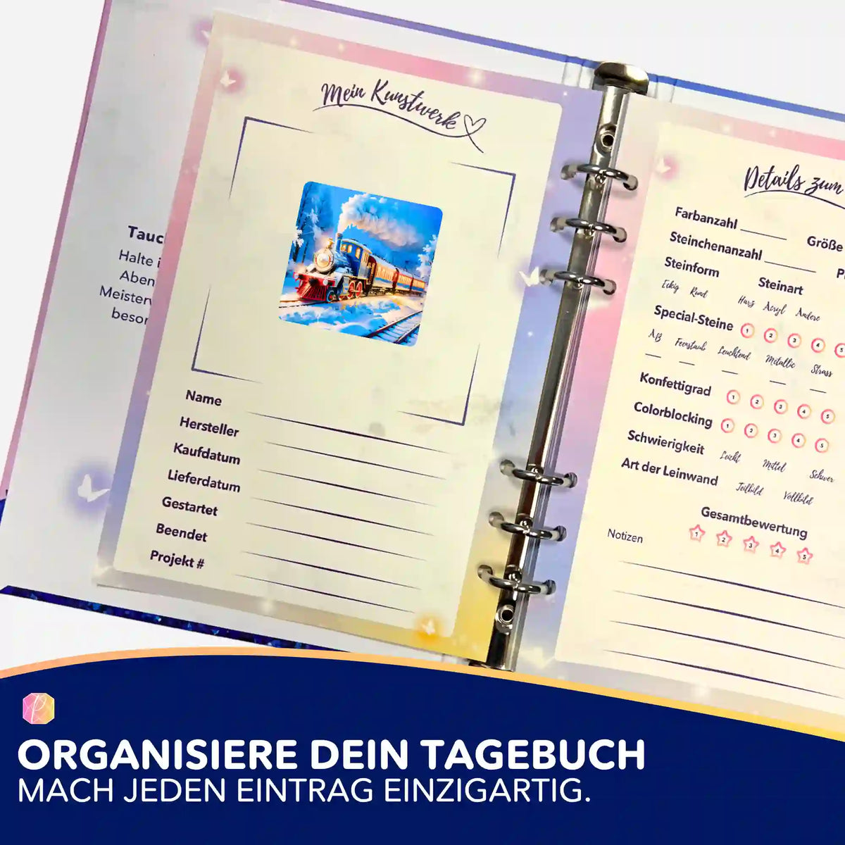 Diamond Painting Tagebuch mit Night Train Motiv Sticker zur Organisation deiner Kunstwerke und DIY-Projekte