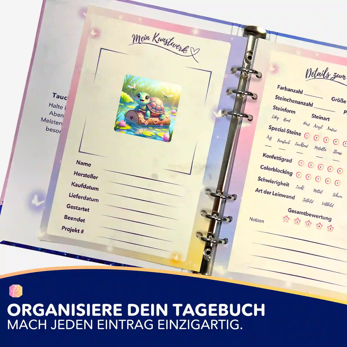 Schildkrötenmädchen Karla Sticker für Diamond Painting Tagebuch zur Organisation von DIY-Kunst-Projekten
