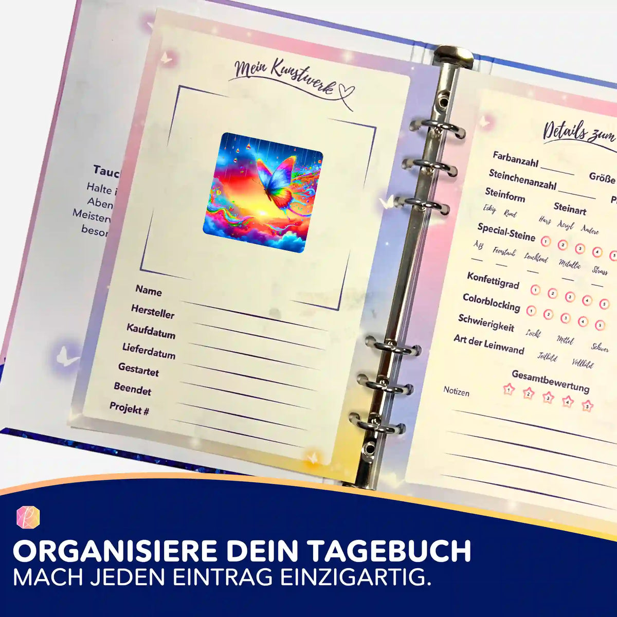 Bunter Schmetterling Aufkleber im Diamond Painting Tagebuch zur Organisation von DIY-Kunstwerken und Bastelsets