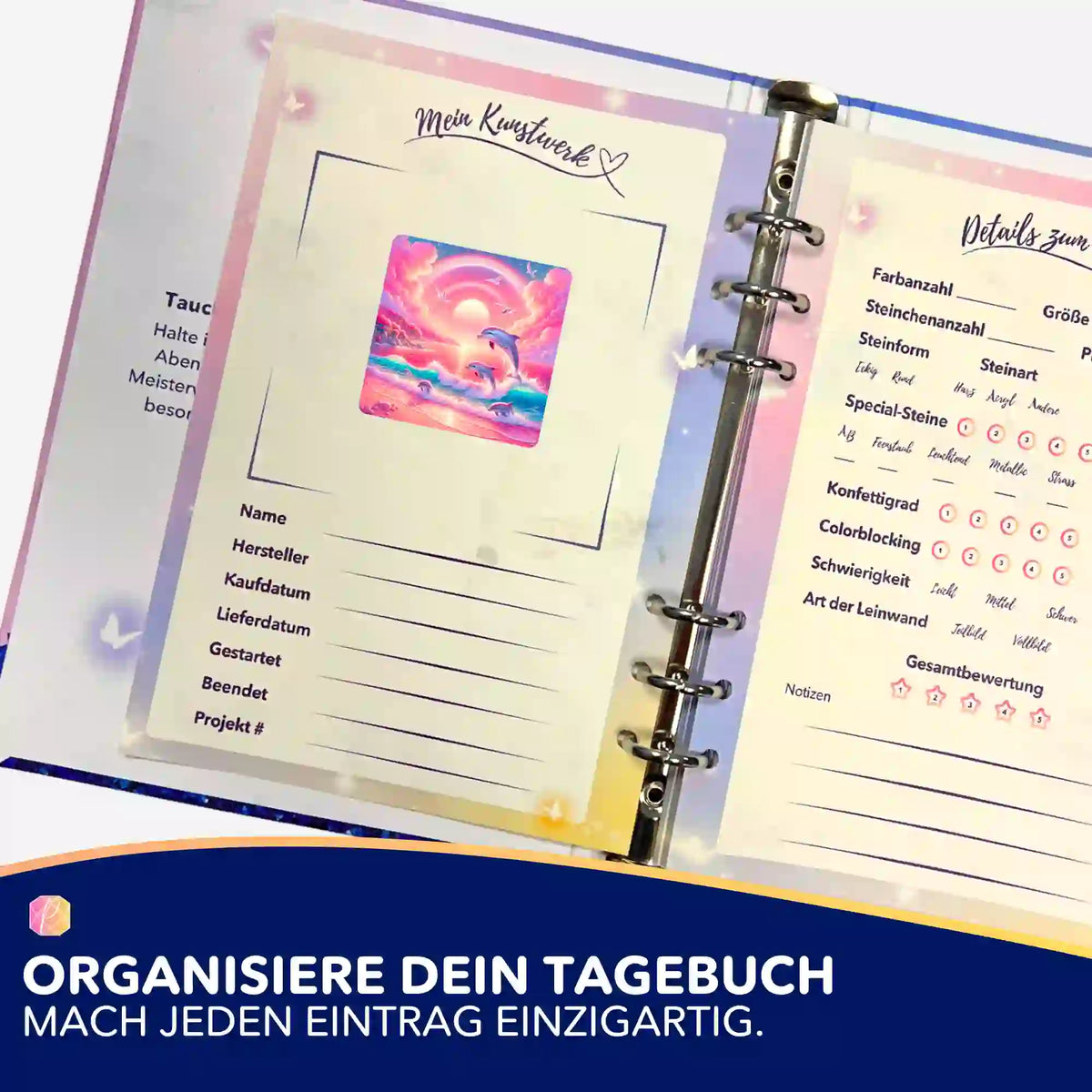 Pinkes Meeresrauschen Sticker in einem Diamond Painting Tagebuch zur Organisation von DIY-Bastelsets und Motiven.