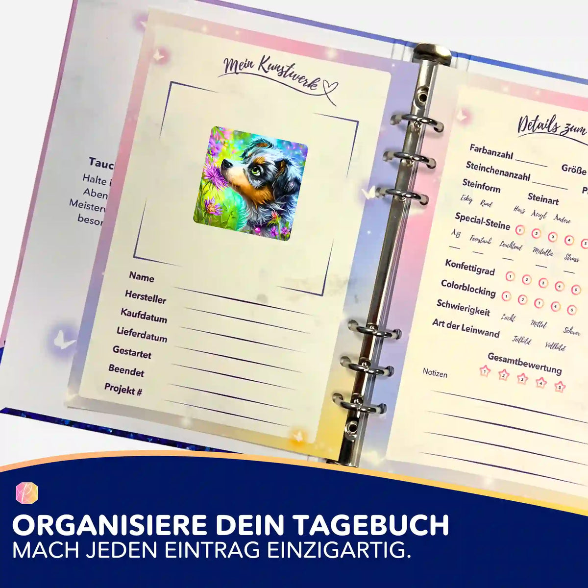 Picmondoo Sticker-Set Yaro für die Diamond Painting Tagebuch Organisation mit süßem Welpen-Motiv
