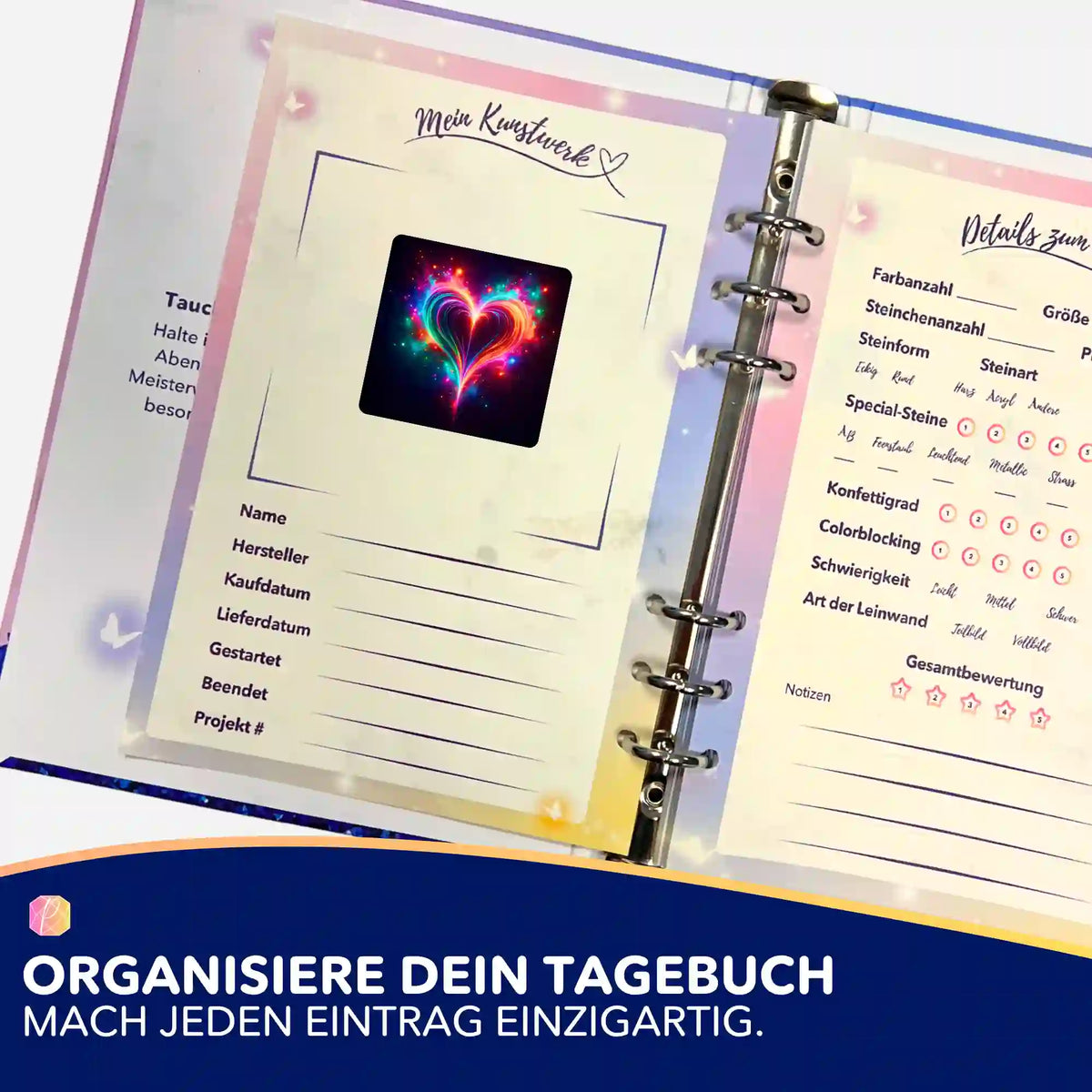 Picmondoo Herzflimmern Aufkleber für die Organisation deines Diamond Painting oder Malen nach Zahlen Projekttagebuchs.