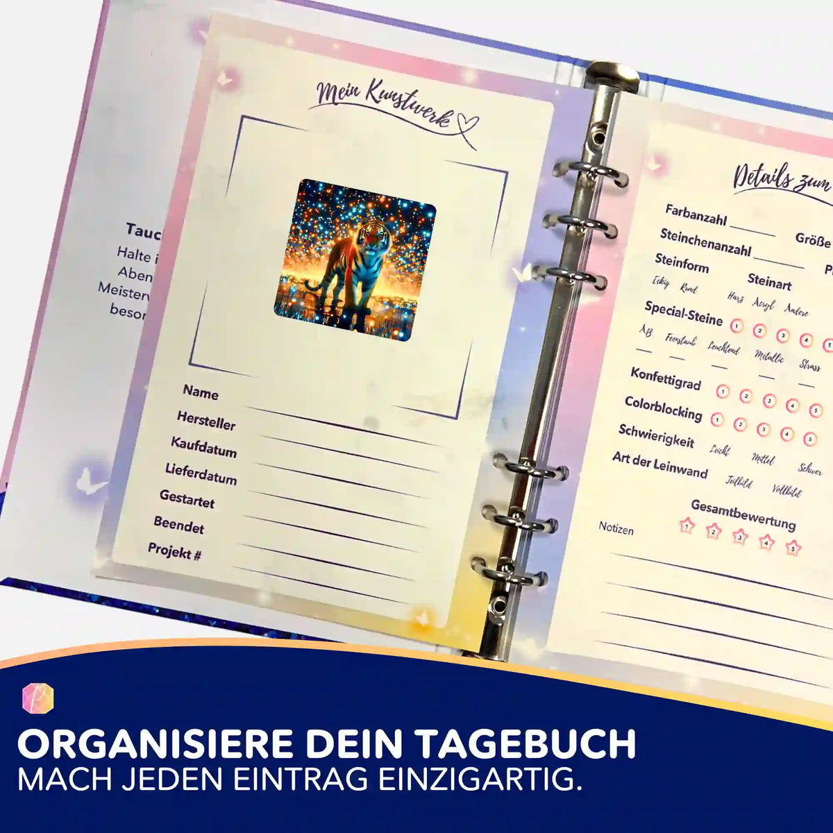 Diamond Painting Aufkleber Sternenwächter Tiger zur Organisation im Bastel-Tagebuch für Diamond Painting Motive
