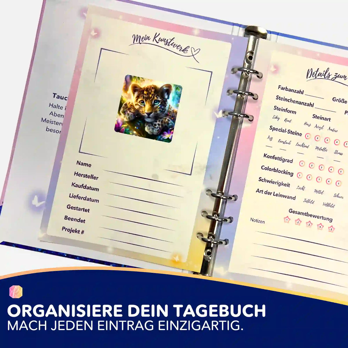 Picmondoo Diamond Painting Tagebuch mit Aufkleber-Set zur Dokumentation von Projektdetails und Kunstwerken