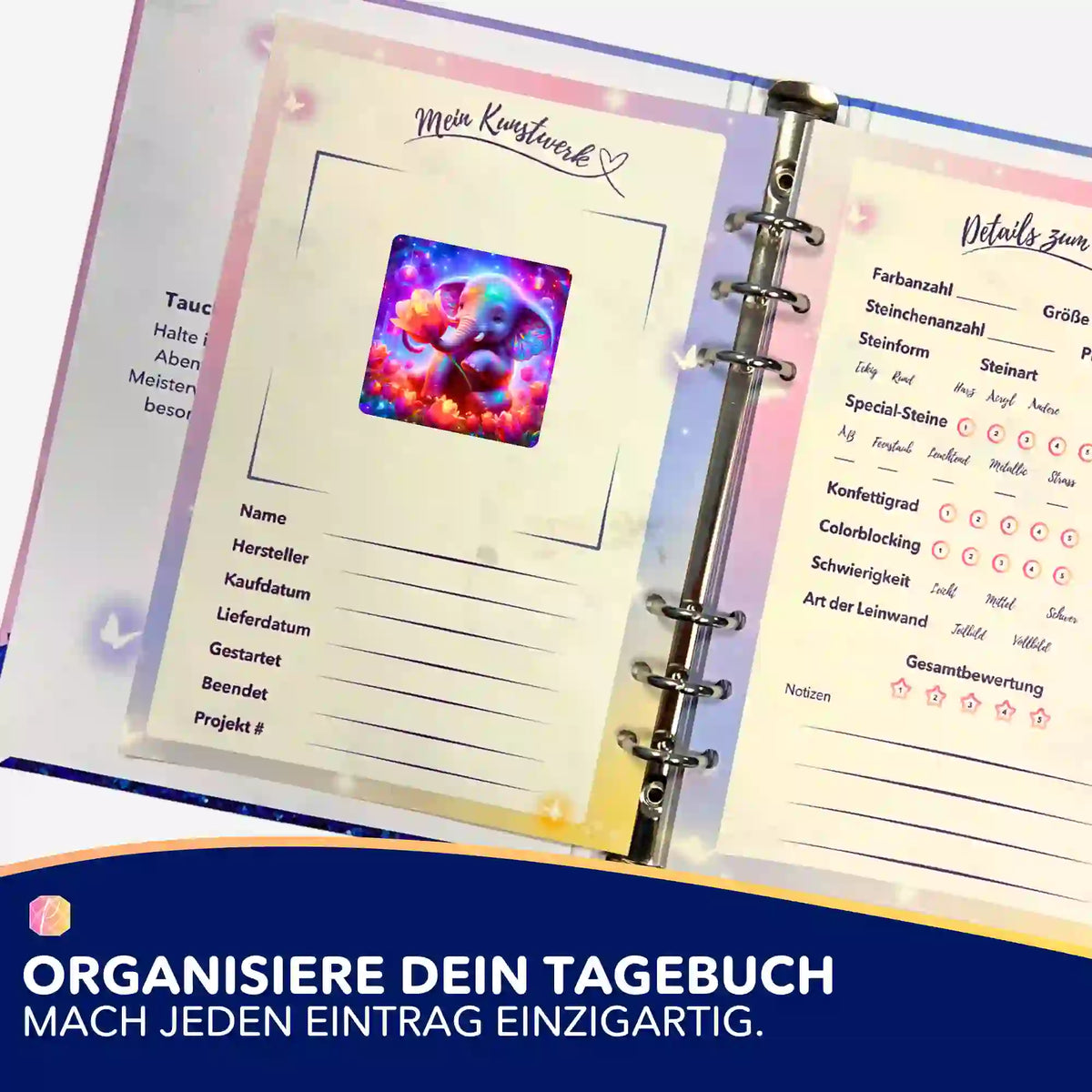 Elefantenmädchen Sticker für Diamond Painting Tagebuch zur Organisation von Projektdetails und Kunstwerke-Bewertungen