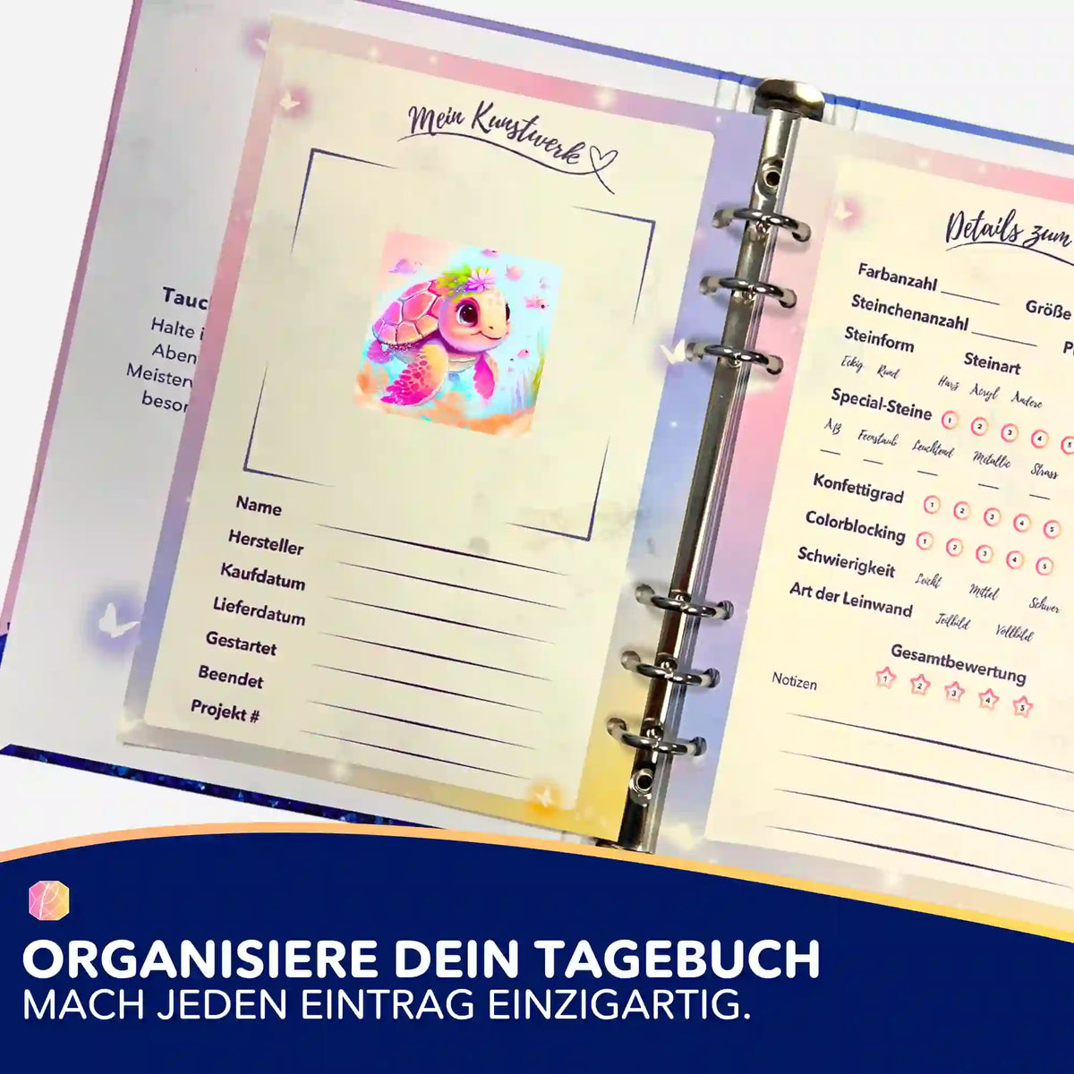 Schildkrötenmädchen Trudi Sticker in einem Diamond Painting Tagebuch zur Organisation von DIY-Projekten