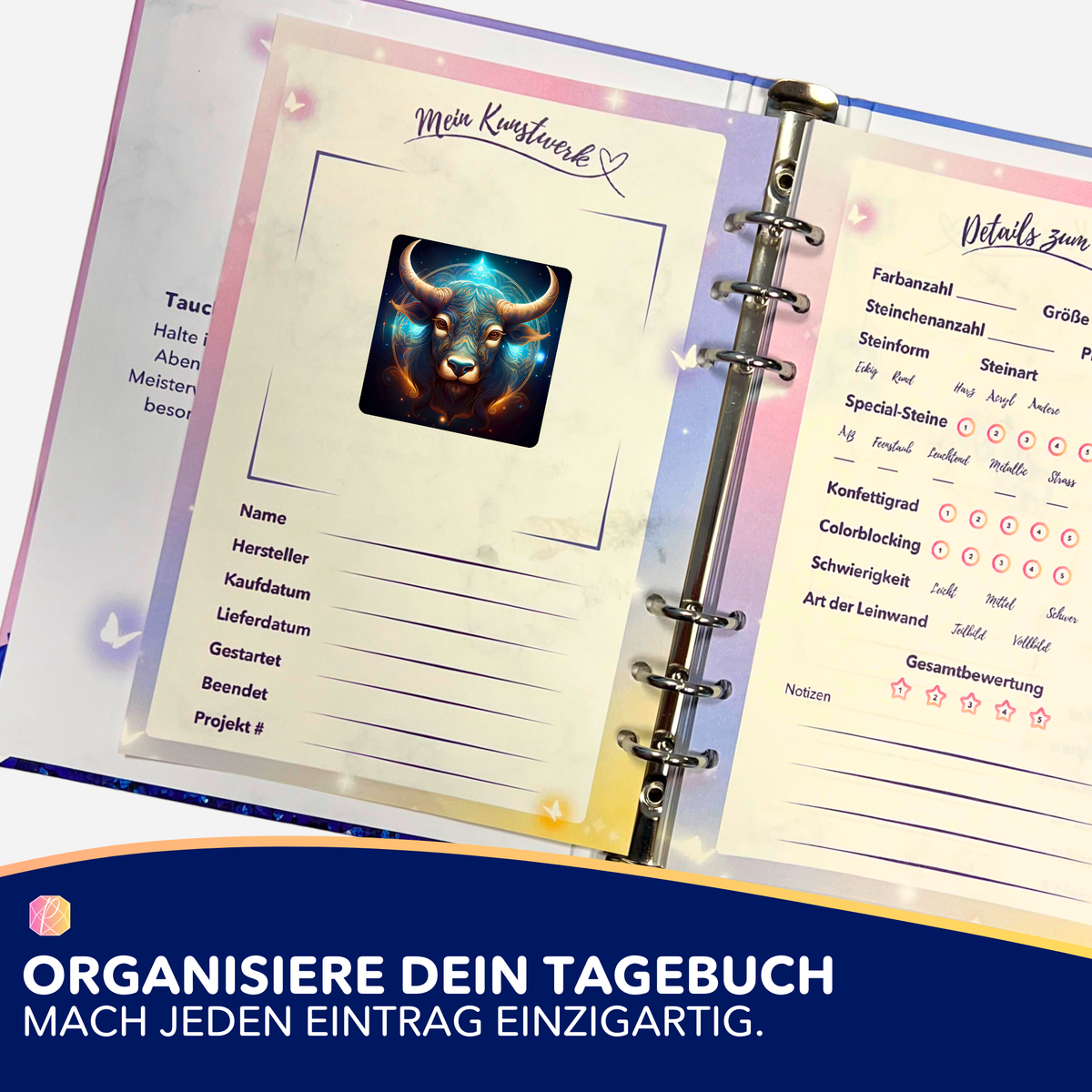 Diamond Painting Aufkleber Sternzeichen Stier zur Organisation im Logbuch für DIY-Kunstwerke und kreative Hobbys