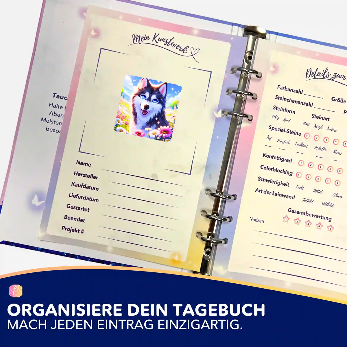 Diamond Painting Tagebuch Sticker mit Husky-Motiv zur Organisation von Projektdetails für Bastel-Fans