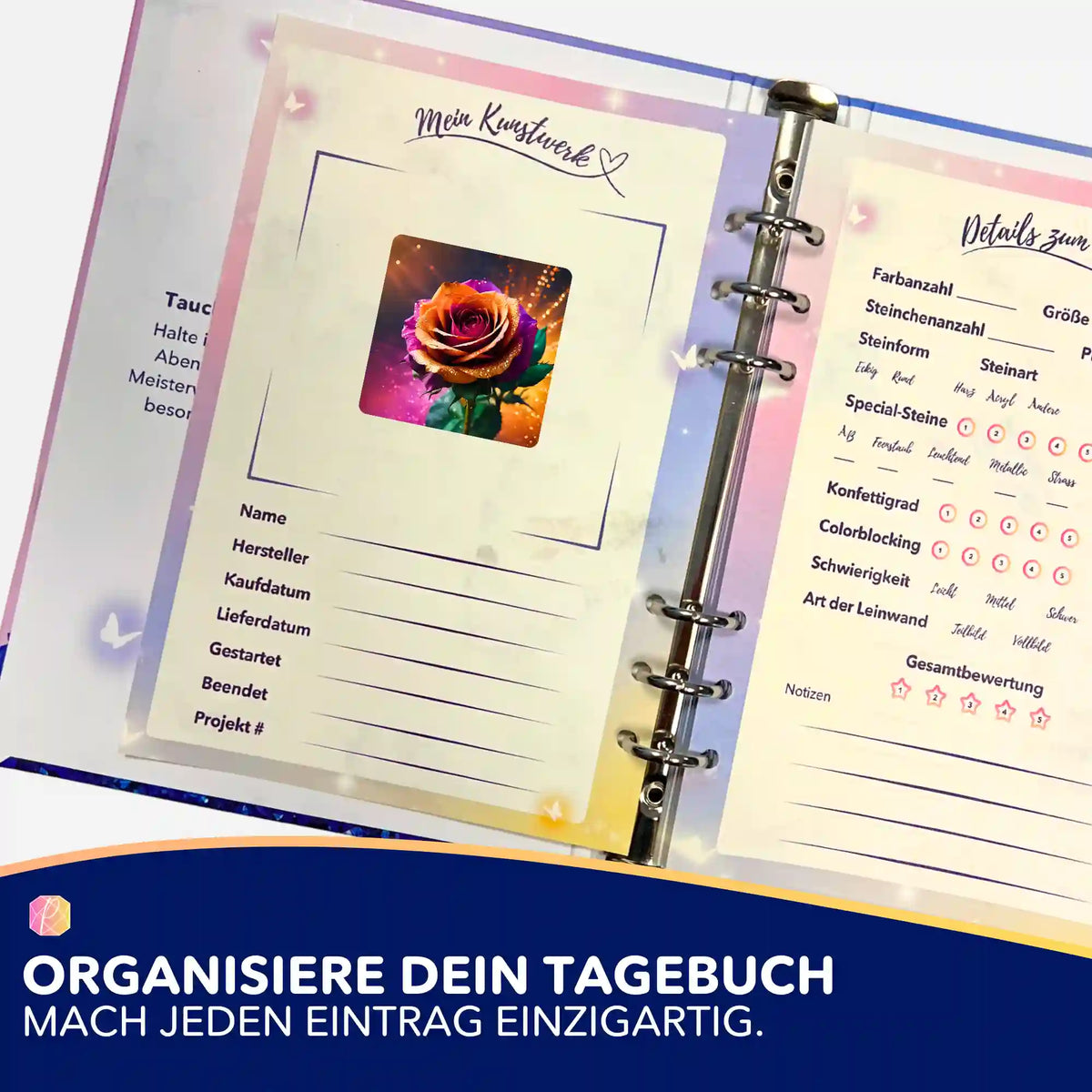 Buntes Rosen-Motiv als Sticker zur Organisation im Diamond Painting Zubehör Tagebuch oder Planer-Set