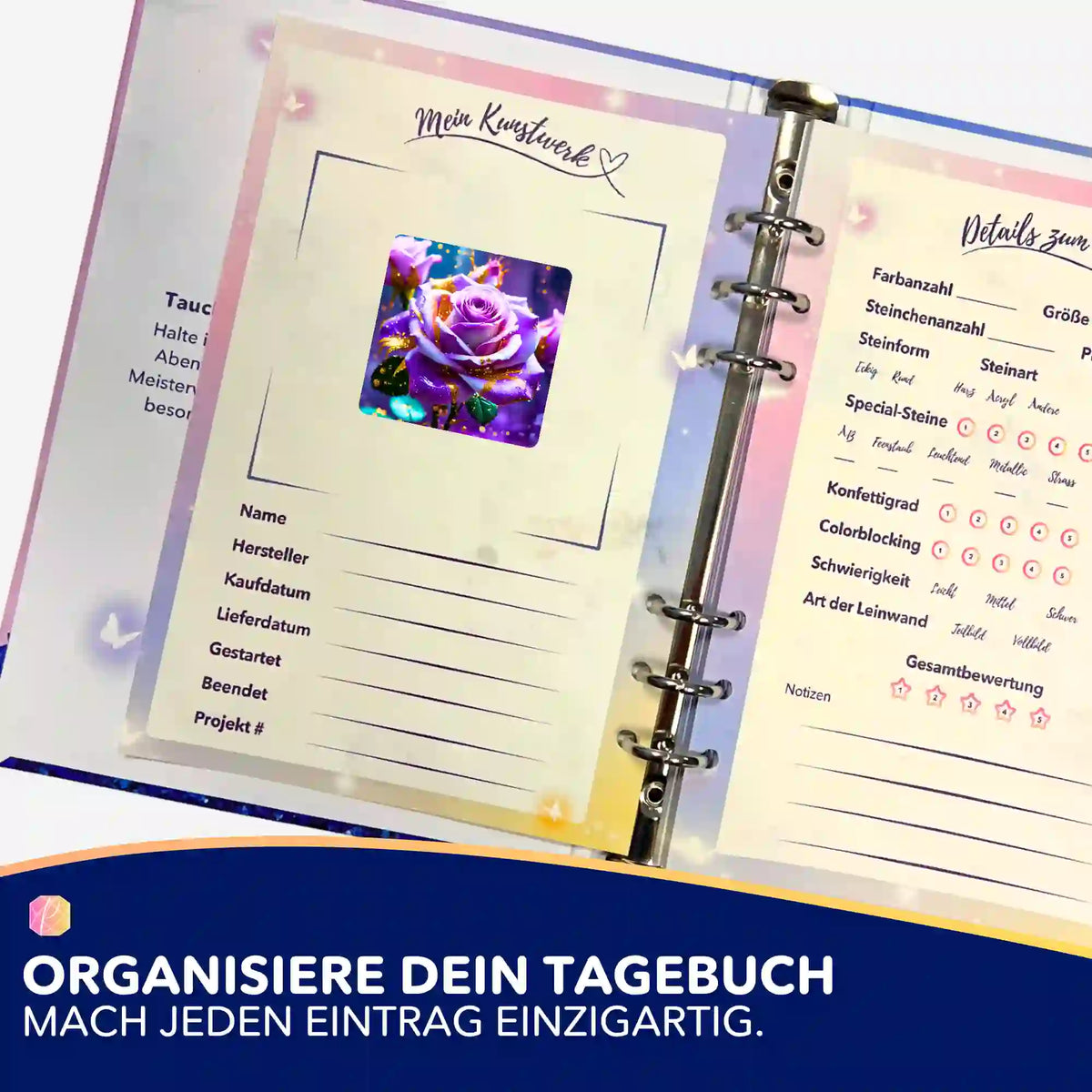 Amethystrose Aufkleber für das Diamond Painting Tagebuch zur Organisation von DIY-Kunstwerken und Projekt-Details