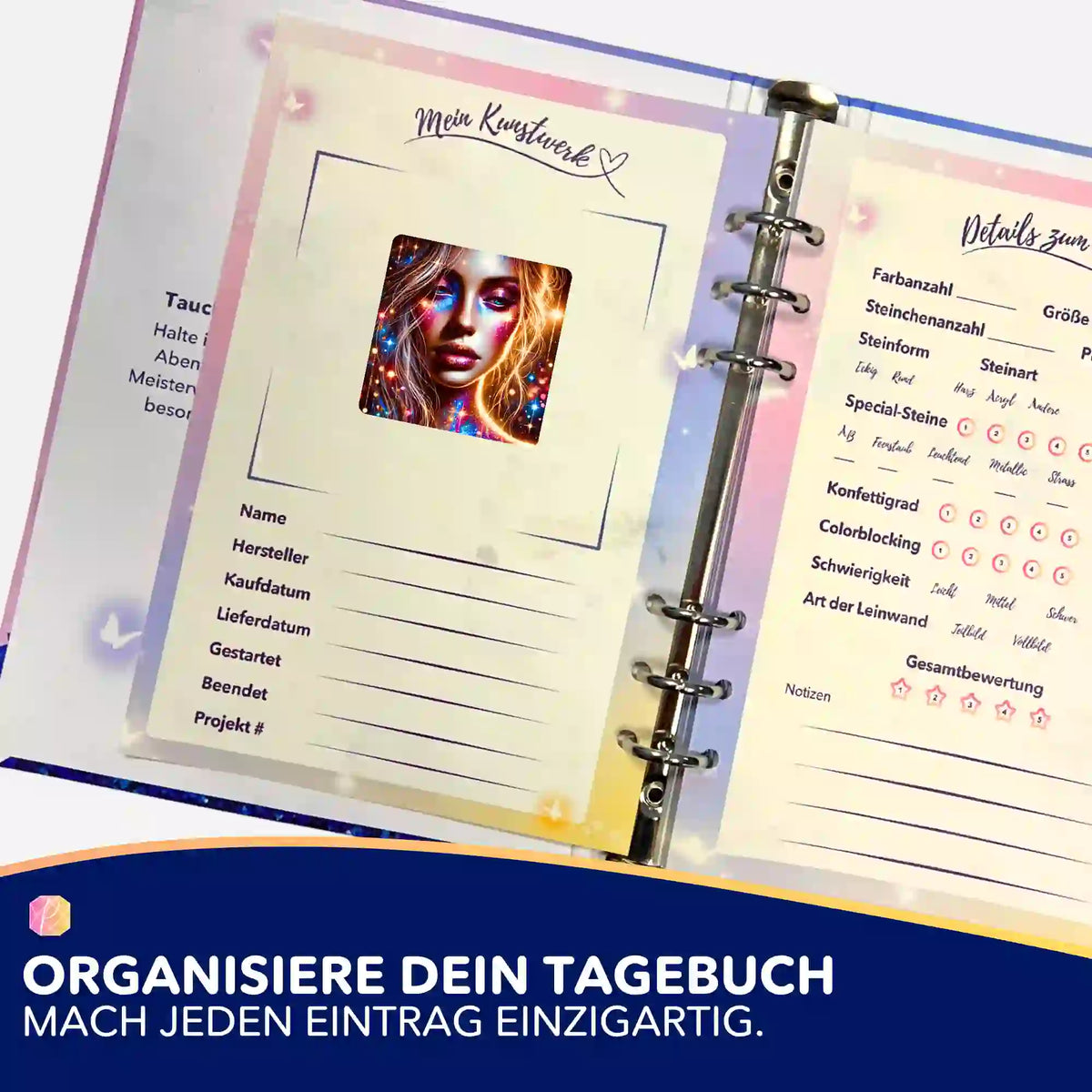 Elara Aufkleber für Diamond Painting Tagebuch zur Organisation von DIY-Kunstwerken und Diamanten Painting Projekten