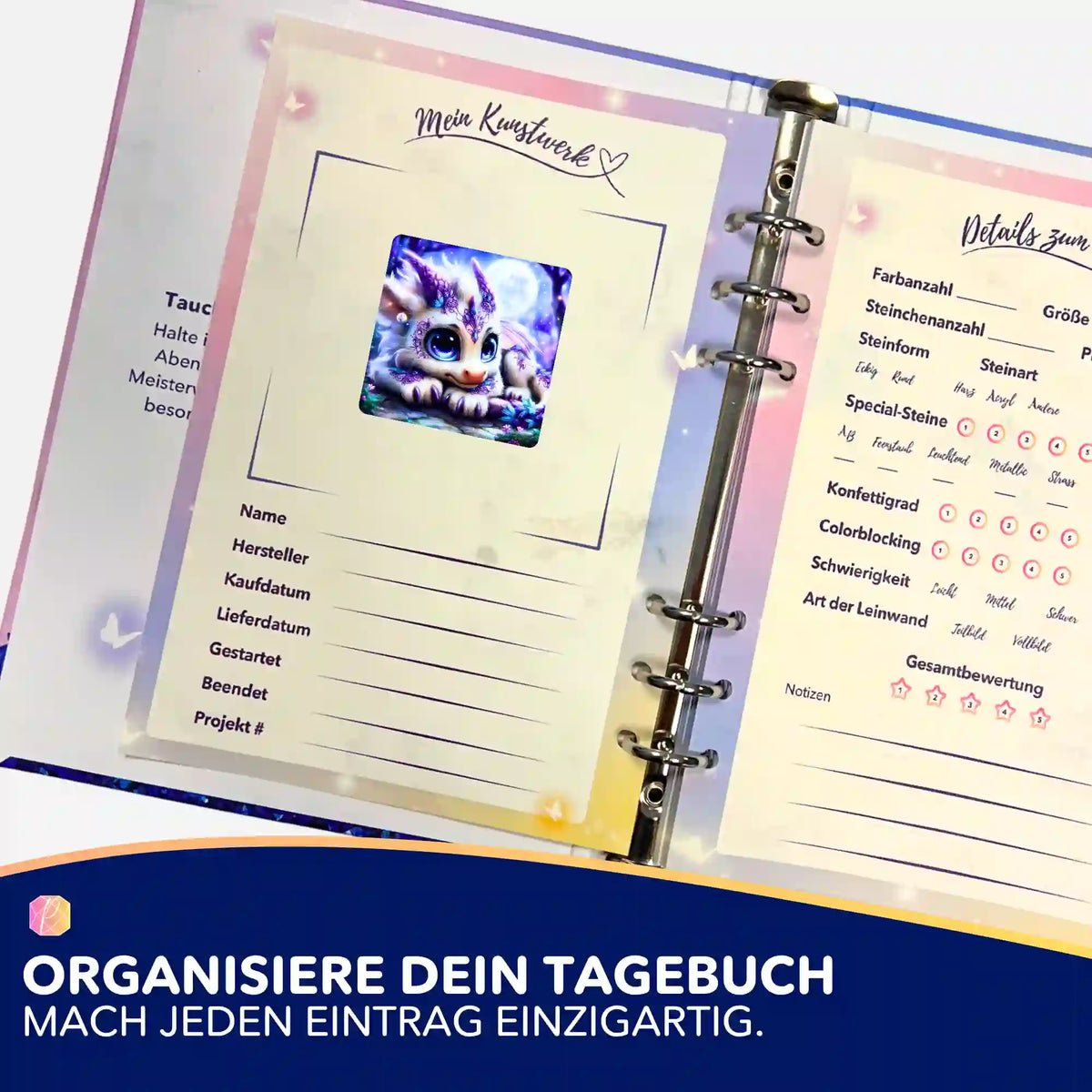 Lunaris Sticker aus dem Picmondoo Diamond Painting Set im Tagebuch zur Organisation deines DIY-Kunstwerks.