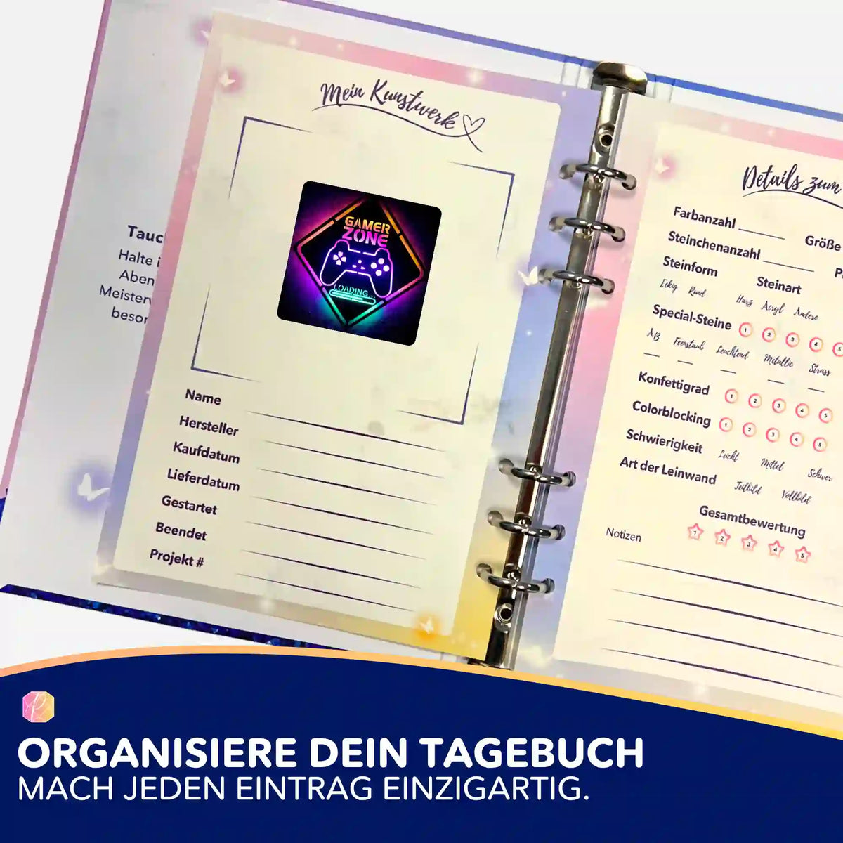 Gamer Zone Aufkleber im Diamond Painting Tagebuch zur Organisation von Projektdetails und Kunstwerken