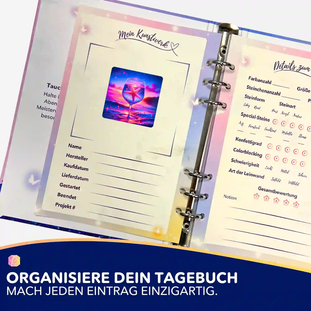Picmondoo Sticker-Set zur Organisation von Diamond Painting Projekten im Tagebuch mit Seestern-Motiv